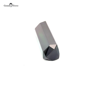 Rectangular green tourmaline gemstone on white.
