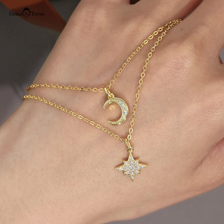 Crescent Moon Star Moissanite Necklace