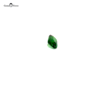 A stunning rectangular-cut tsavorite gemstone captured in high resolution against a white background.